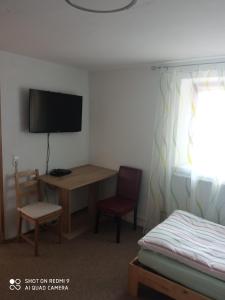 a bedroom with a desk and a tv and a bed at Karolingerweg Gäst Haus in Lauterhofen