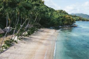 an aerial view of a beach with palm trees at Dryft Darocotan Island in El Nido