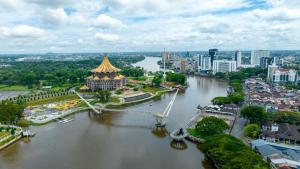 an aerial view of a river in a city at Tune Hotel - Waterfront Kuching in Kuching