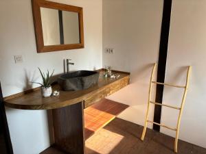 a bathroom with a sink and a mirror on a counter at Villa Tiga in Gili Air