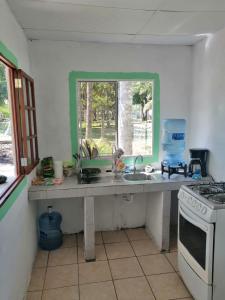 eine Küche mit einer Theke mit einem Waschbecken und einem Fenster in der Unterkunft Casa Jaragua in Barra de Santiago