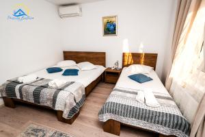 two beds in a small room with blue pillows at Casa Anastasia in Murighiol