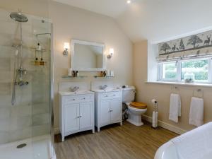 ein Bad mit einer Dusche, einem Waschbecken und einem WC in der Unterkunft The Grousemoor in Llandegla
