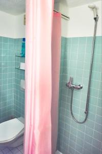 a shower with a pink shower curtain in a bathroom at Sweet Room by Interlaken in Därligen