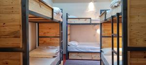two bunk beds in a room with wooden walls at xplorest in Mysore
