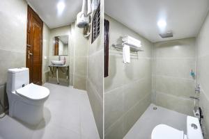 two pictures of a bathroom with a toilet and a sink at FabHotel Mona International in New Delhi