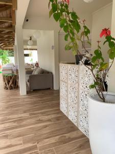 salon z drewnianą podłogą i doniczką w obiekcie Le Clos des Bains Mauritius w mieście Blue Bay