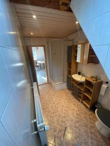 a small bathroom with a sink and a toilet at Perfekte Auszeit im Erzgebirge in Sayda