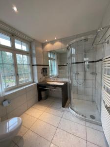 a bathroom with a shower and a sink at Parkforum Wylihof in Luterbach