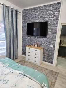 a bedroom with a tv on a brick wall at Garsoniera Gabrielle in Braşov