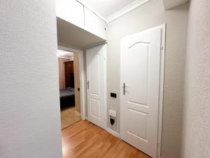 a hallway with a white door and a bedroom at Central Apartment Pietonala in Chişinău