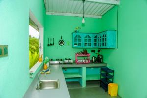 una cucina verde con lavandino e bancone di Feeling tip'sea rooftop villa a Mirissa