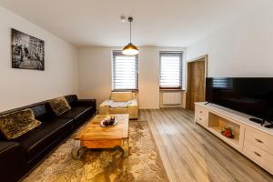 a living room with a black couch and a flat screen tv at Apartment Tea in Triberg