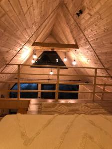 PilipetsにあるZustrizh u Levaのベッドと照明付きの部屋の天井