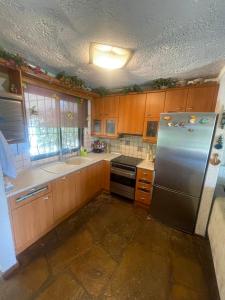 uma cozinha com armários de madeira e um frigorífico de aço inoxidável em Elani Sea View em Elani