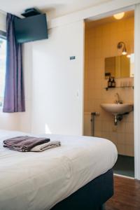 ein Schlafzimmer mit einem Bett und einem Waschbecken im Bad in der Unterkunft B&B de Luwte Cottage in Zwolle