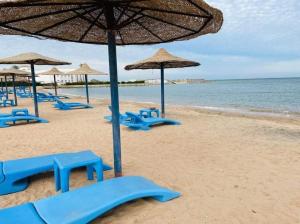 a beach with blue chairs and umbrellas and the ocean at سيسيليا ريزورت in Hurghada