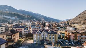 an aerial view of a town in the mountains at Hotel garni Meledrio in Dimaro