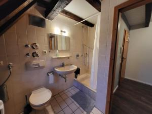 ein Bad mit einem WC und einem Waschbecken in der Unterkunft Fachwerk Maisonette in Nürtingen in Nürtingen