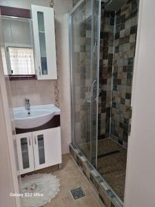 y baño con lavabo y ducha. en Apartament Teilor en Rîşnov