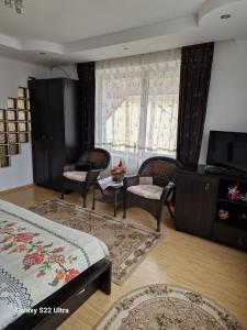 a bedroom with a bed and chairs and a television at Apartament Teilor in Râşnov