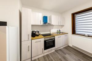 uma cozinha com armários brancos, um lavatório e um frigorífico em Apartment Tea 1 em Triberg