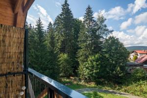 a view from the balcony of a house with trees at Peaceful, Cozy Designer Mountain Studio in Harrachov