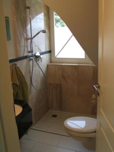 ein Bad mit einer Dusche, einem WC und einem Fenster in der Unterkunft Godeke Michels Ferienwohnung 35Susewind Müggenburger Weg 40 in Zingst