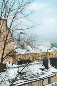 a snow covered roof with buildings and a tree at Nordic Studio near tram & metro 'Kallio' area in Helsinki