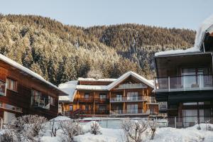 een lodge in de sneeuw met een berg op de achtergrond bij Appartementhotel am Weissensee in Weissensee