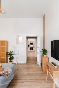 a living room with a bed and a flat screen tv at Exklusive Luxus-Unterkunft in Berlin Mitte: 2 Apartments, 130m², Designer-Möbel, Co2 neutrale Reinigung in Berlin