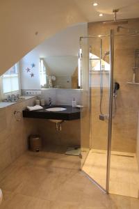 La salle de bains est pourvue d'une douche en verre et d'un lavabo. dans l'établissement Ferienhaus "Sehnsucht" Störtebekerstr3e, à Zingst