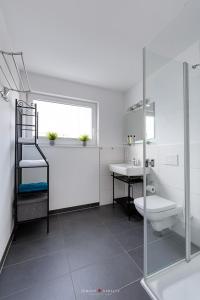 a bathroom with a shower and a toilet and a sink at Wasserhaus Klabautermann in Olpenitz