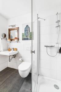 a bathroom with a shower and a toilet and a sink at Wasserhaus Villa Sansibar in Olpenitz