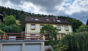 a house with a garage and a mountain at Birkenstübchen in Lautenthal