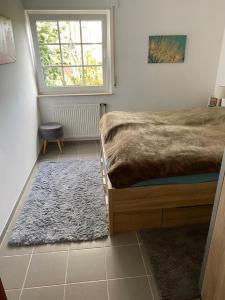 a bedroom with a bed and a window and a rug at Ferienhaus Glückspilz beim Hennesee in Meschede