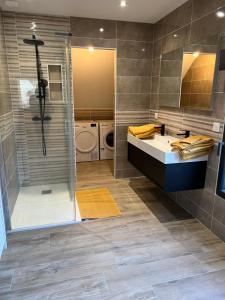 a bathroom with a shower and a sink and a washing machine at La Corderie in Mûrs-Érigné +9 photos