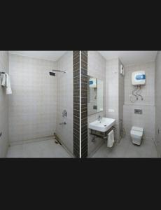 two pictures of a bathroom with a sink and a toilet at Laxmi Stay Hotel in New Delhi