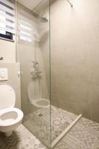 a bathroom with a toilet and a glass shower at Winter House TT Jahorina in Jahorina