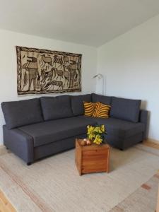 a blue couch in a living room with a table at Urlaub im Alten Apfelgarten - Ferienwohnung Goldparmäne in Sörup