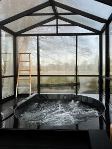 a hot tub in a greenhouse with a ladder in it at Ragnar Glamp Pitrags Lux in Pitragutsiyeme