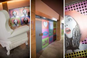 two pictures of a bathroom with a white bathtub and a wall with a face at Hotel Da Vinci in Milan