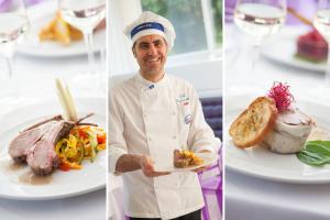three pictures of a chef holding a plate of food at Hotel Da Vinci in Milan