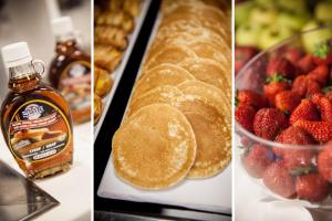 three different pictures of pancakes and strawberries and syrup at Hotel Da Vinci in Milan