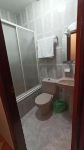 y baño con ducha, aseo y lavamanos. en Hostal Algaidas en Villanueva de Algaidas