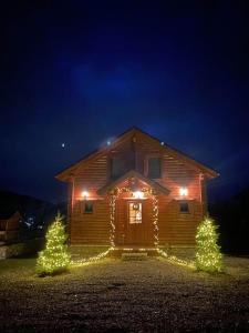 Cozy house on Parnassos Mountain في أراخوفا: منزل أمامه أضواء عيد الميلاد