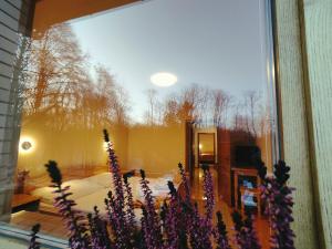 a room with a bed and a window with purple flowers at Rooms and Apartments Panker in Moravske-Toplice
