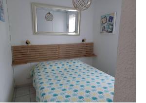 1 dormitorio con cama, espejo y ventana en AGREABLE REZ DE JARDIN AVEC TERRASSE PROCHE PLAGE en Saint-Georges-de-Didonne