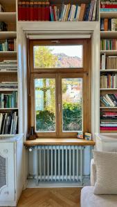 ein Fenster in einem Zimmer mit Bücherregalen in der Unterkunft Villa Seeblick 1908 in Bregenz
