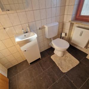 a bathroom with a toilet and a sink at Fränkisch wohnen bei Mela in Litzendorf
